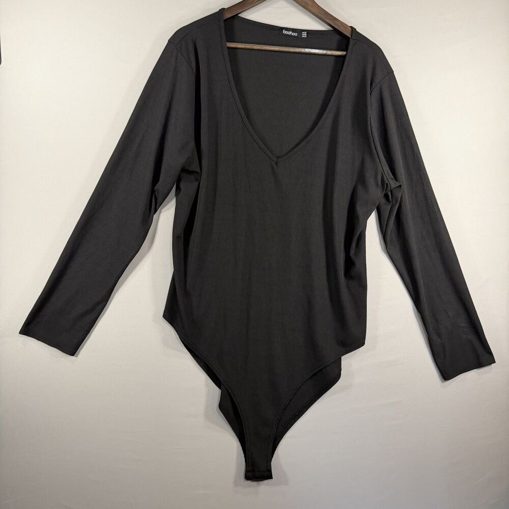 boohoo Woman’s Black Long Sleeve Ribbed Bodysuit V-Neck